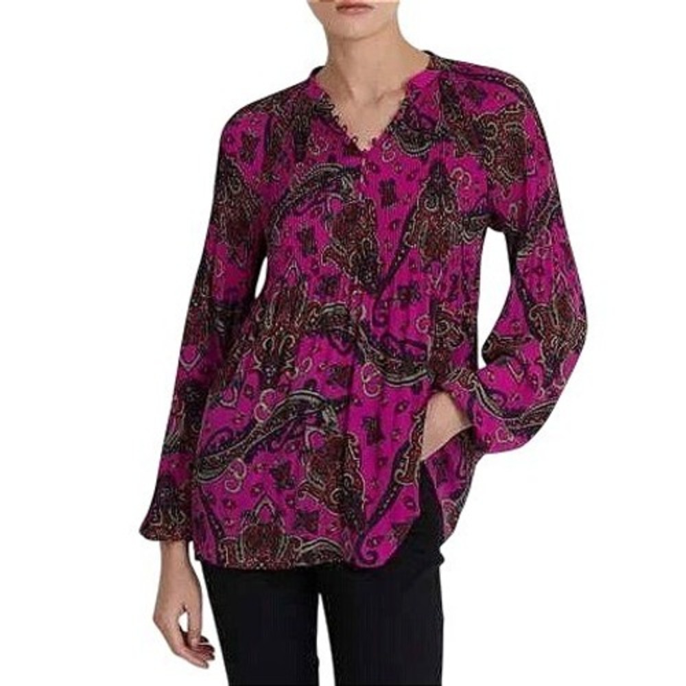 Lauren Ralph Lauren Pink Paisley Pleated Georgette Blouse Blouson Sleeve XL